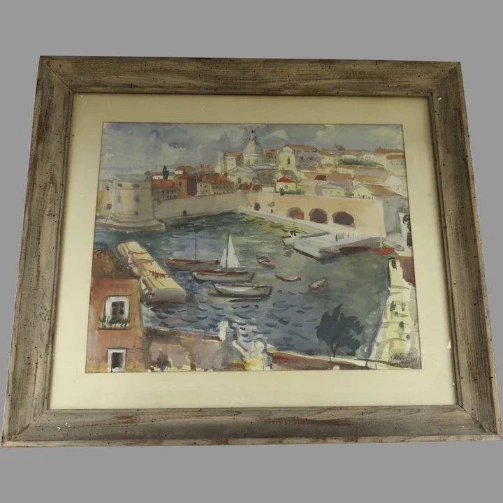 Mid 20th Century "Port of Dubrovnik" Croatian Harbor Scene Watercolor Painting by Nikola Besevic, Fr - 2