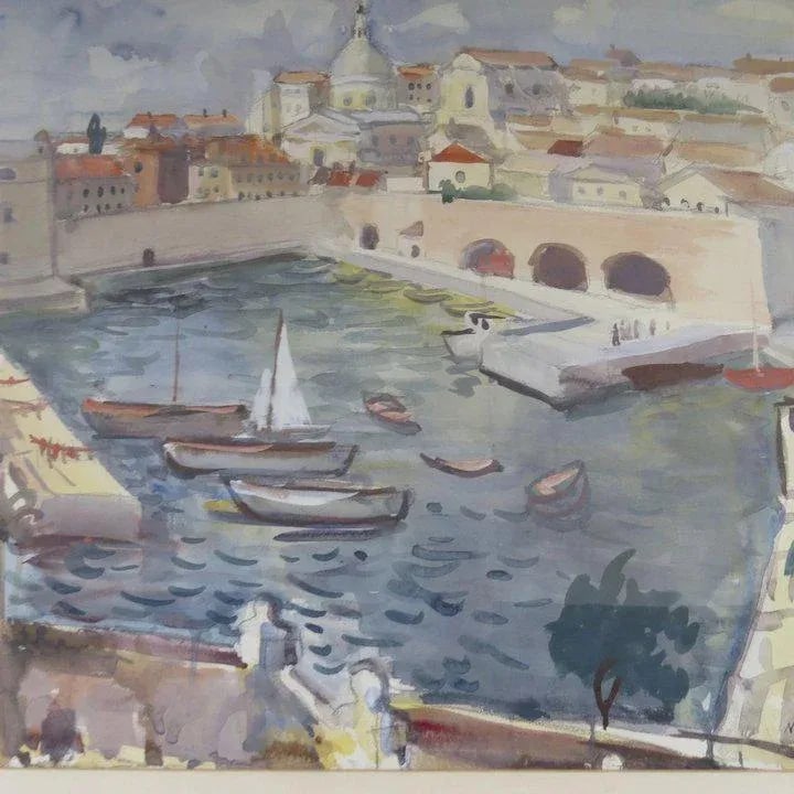 Mid 20th Century "Port of Dubrovnik" Croatian Harbor Scene Watercolor Painting by Nikola Besevic, Fr - 3
