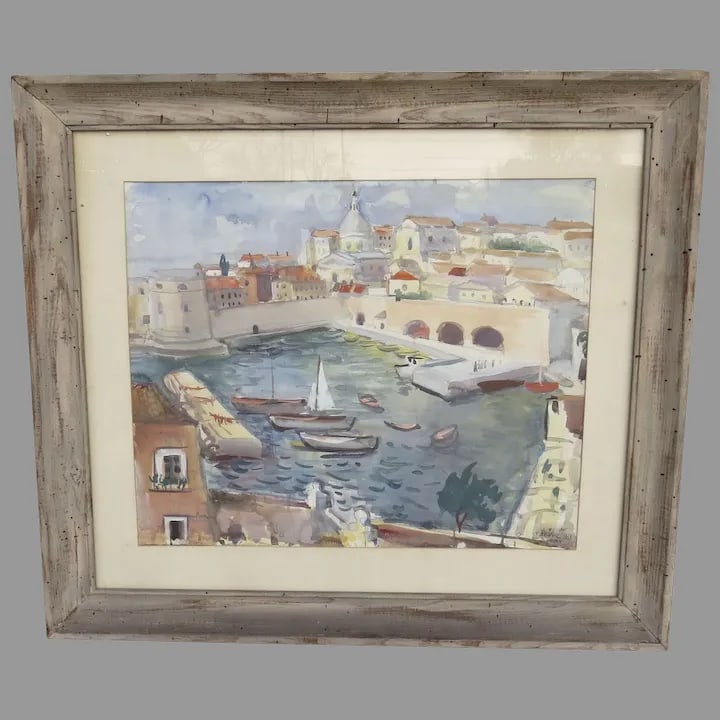 Mid 20th Century "Port of Dubrovnik" Croatian Harbor Scene Watercolor Painting by Nikola Besevic, Fr - 7
