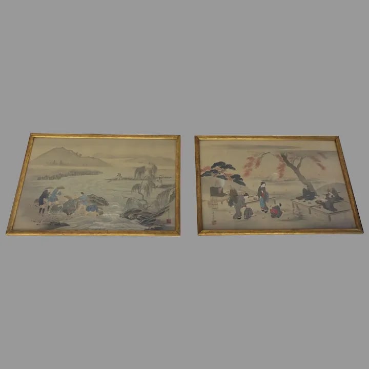 19th Century Japanese Paintings on Silk Large "Views of Edo" and "Fishing Scene of Fujiyama" - a Pai - 10