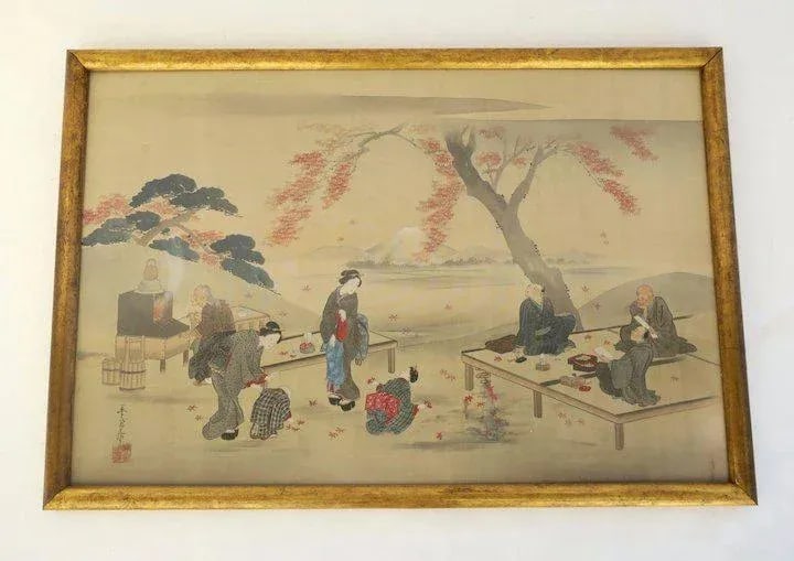 19th Century Japanese Paintings on Silk Large "Views of Edo" and "Fishing Scene of Fujiyama" - a Pai - 2