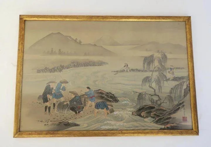 19th Century Japanese Paintings on Silk Large "Views of Edo" and "Fishing Scene of Fujiyama" - a Pai - 3