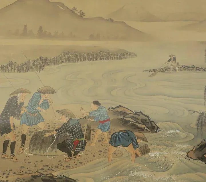 19th Century Japanese Paintings on Silk Large "Views of Edo" and "Fishing Scene of Fujiyama" - a Pai - 5