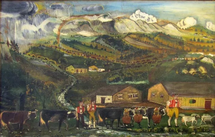 Mid 19th Century Tyrolean Folk Art Painting c1860 Traditional Costumes Farmers Cows Sheep: Delightful Folk Art painting of a Tyrolean scene. Original Frame 21" x 15 1/2 " (with frame) 1860 "1571" Condition: Alterations: Unknown Imperfections: Some Imperfections Condition Notes: good conditi