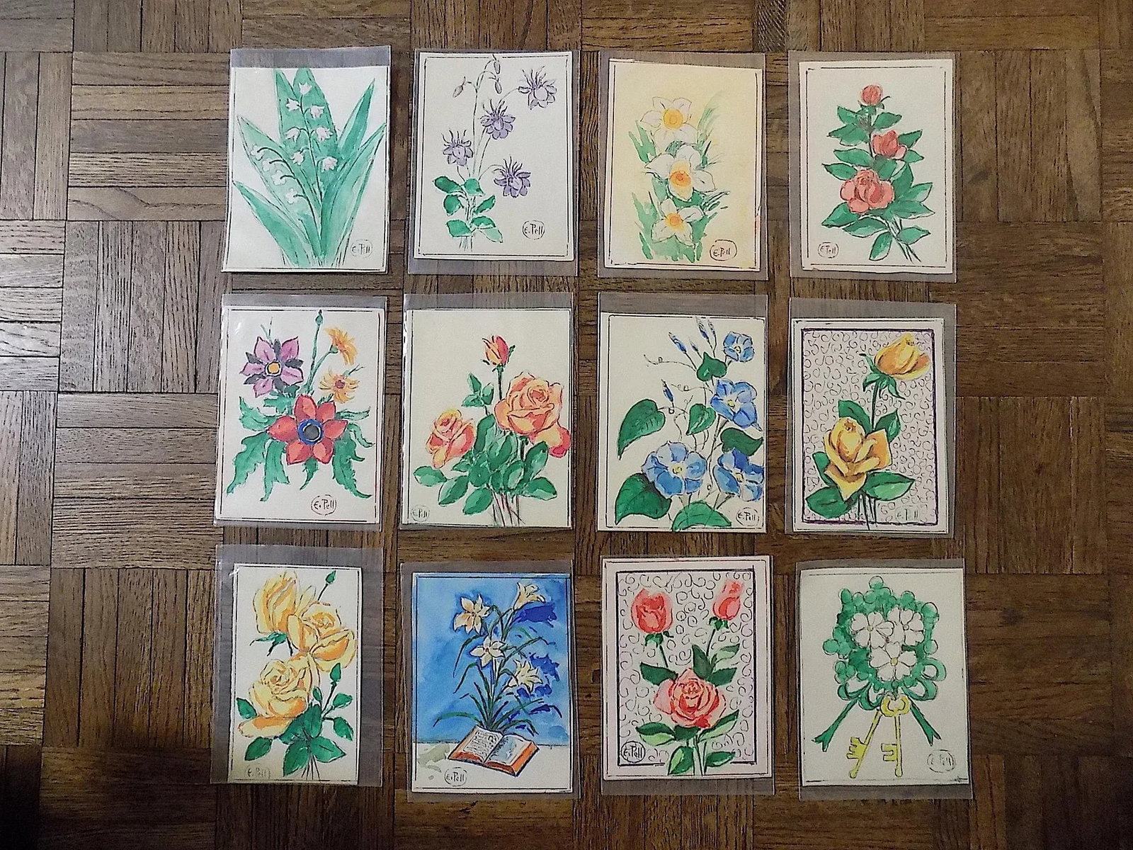 Original Vintage Mid 20th C. Watercolors-Floral Still Life-E. Pell-Set of 12 - 11