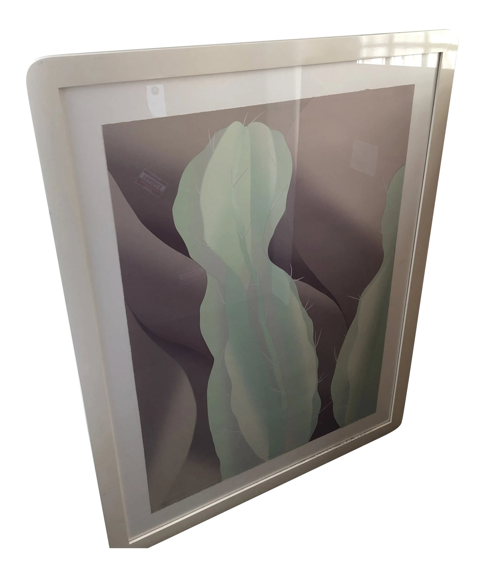 Mid Century Saguaro Cactus Art: This art has an 80s vibe for sure. Depicting a saguaro cactus in hues of lavender and celadon in a cream colored frame. This piece is signed. Condition: Alterations: Original Condition Unaltered