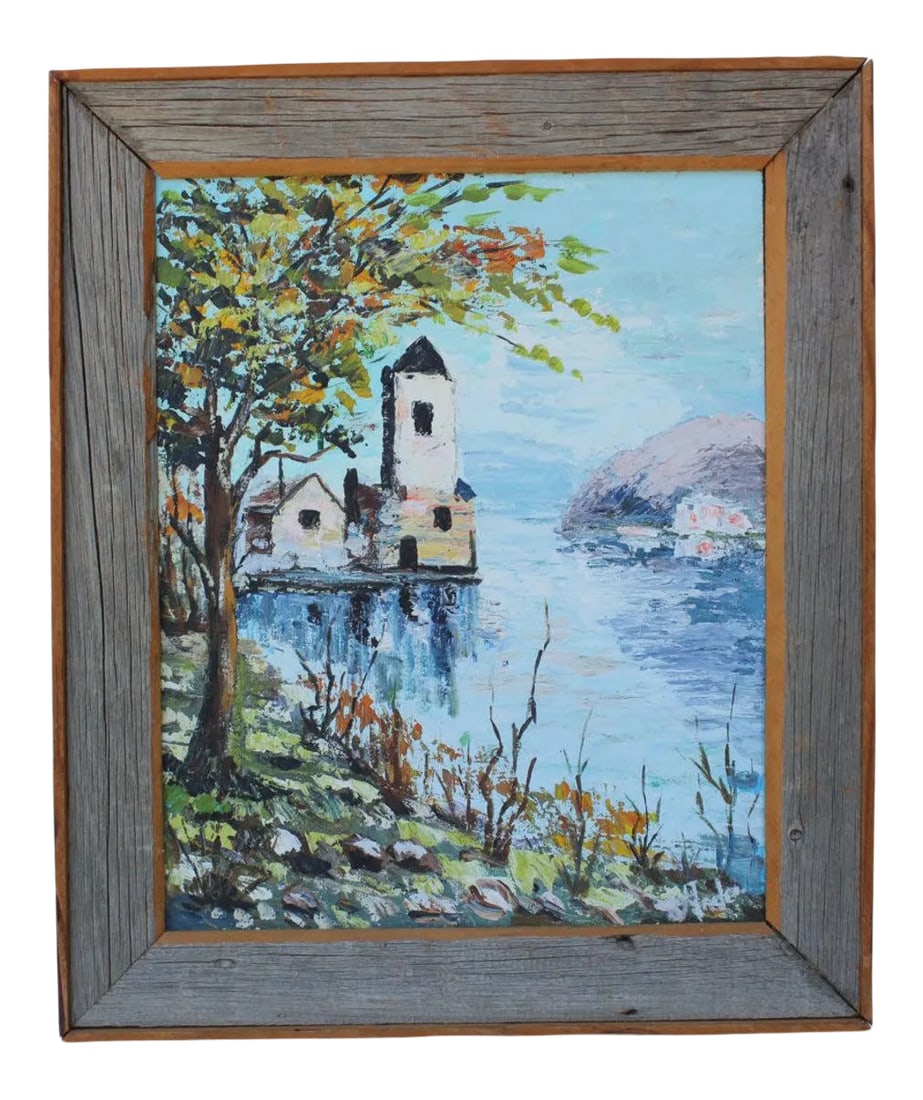 Vintage Coastal Painting Framed in Reclaimed Wood: Framed in a custom barn wood frame, this large vintage coastal scene is rendered in soft tones on board. Condition: Alterations: Original Condition Unaltered Imperfections: Some Imperfections