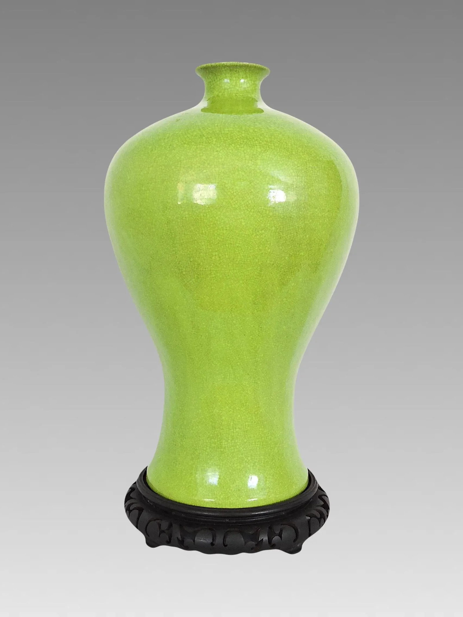 Large Early Mid Century Apple Green 'Meiping' Monochrome Chinese Vase & Carved Wood Stand - 2