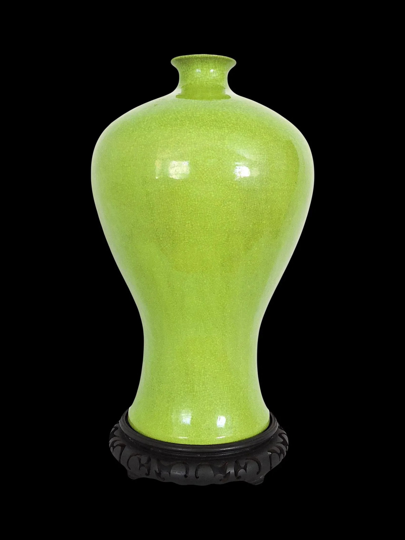 Large Early Mid Century Apple Green 'Meiping' Monochrome Chinese Vase & Carved Wood Stand - 3