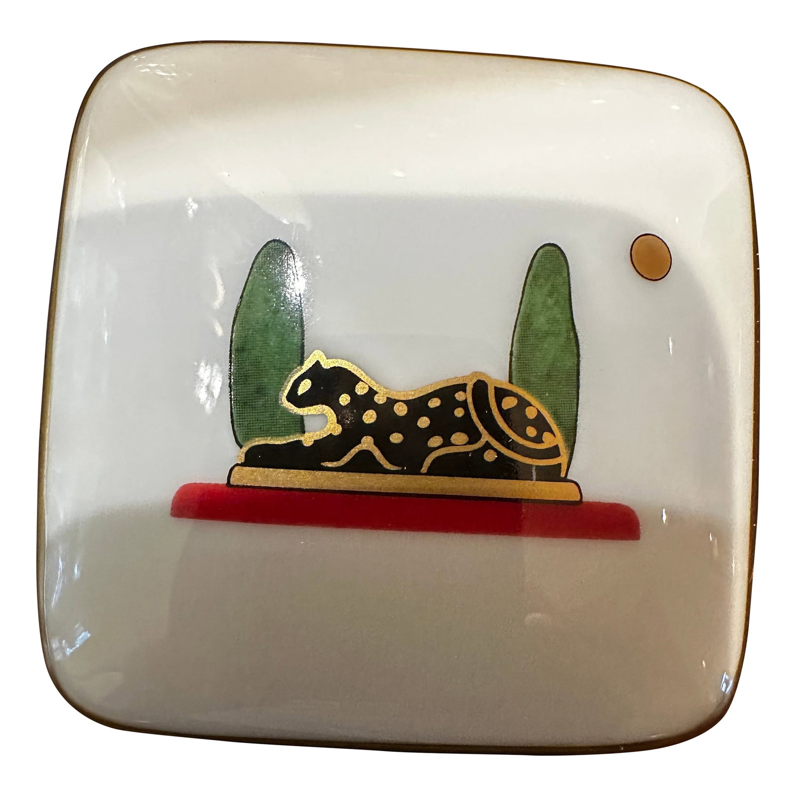 1980s Cartier Limoges Porcelain Trinket Box With Panther: Cartier Limoges porcelain trinket box. Square shape with rounded corners, panther decoration on lid. Measures 1"H x 2"W. Excellent condition. Condition: Imperfections: No Imperfections Origin: France 
