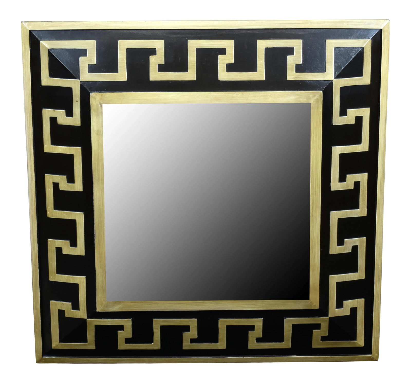 Black Carved Greek Key Accent Beveled Mirror by Sterling: Greek Key Accent Beveled Mirror Black Frame Gold trim outside of frame and mirror Carved Gold Greek Key Motif by Sterling Condition: Alterations: Original Condition Unaltered Imperfections: Some