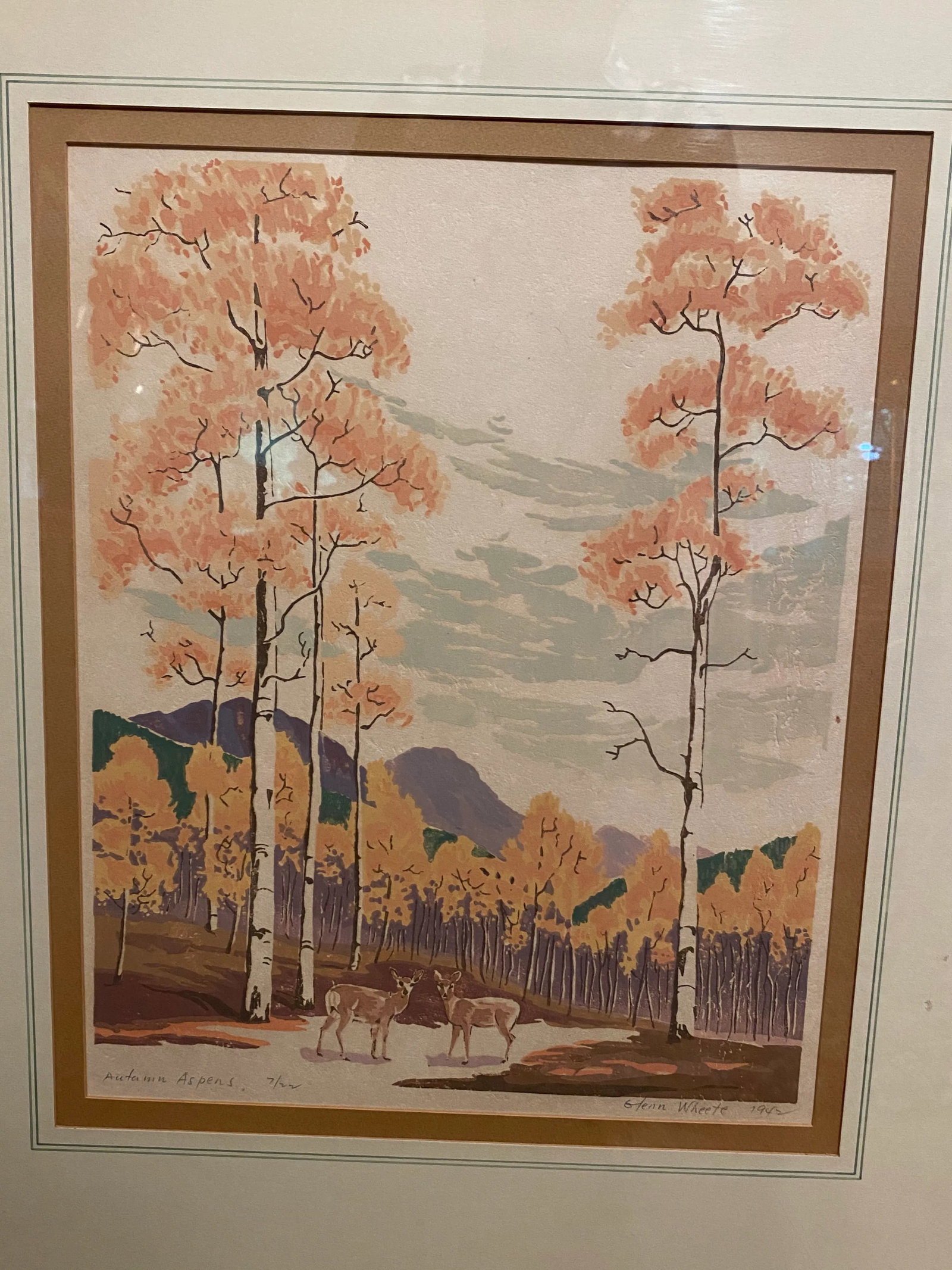 1940s "Autumn Aspens" Landscape Woodblock Print by Glenn Wheete, Framed - 2