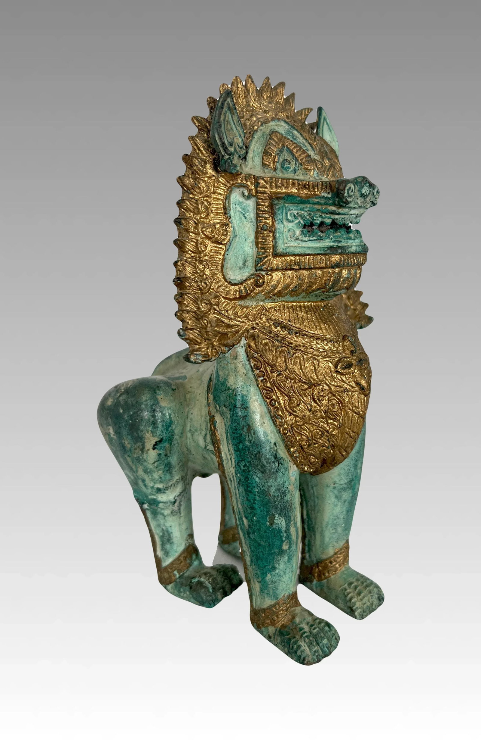 Khymer Singha Gilt Temple Guardian Lion Statue (Thai) - 3
