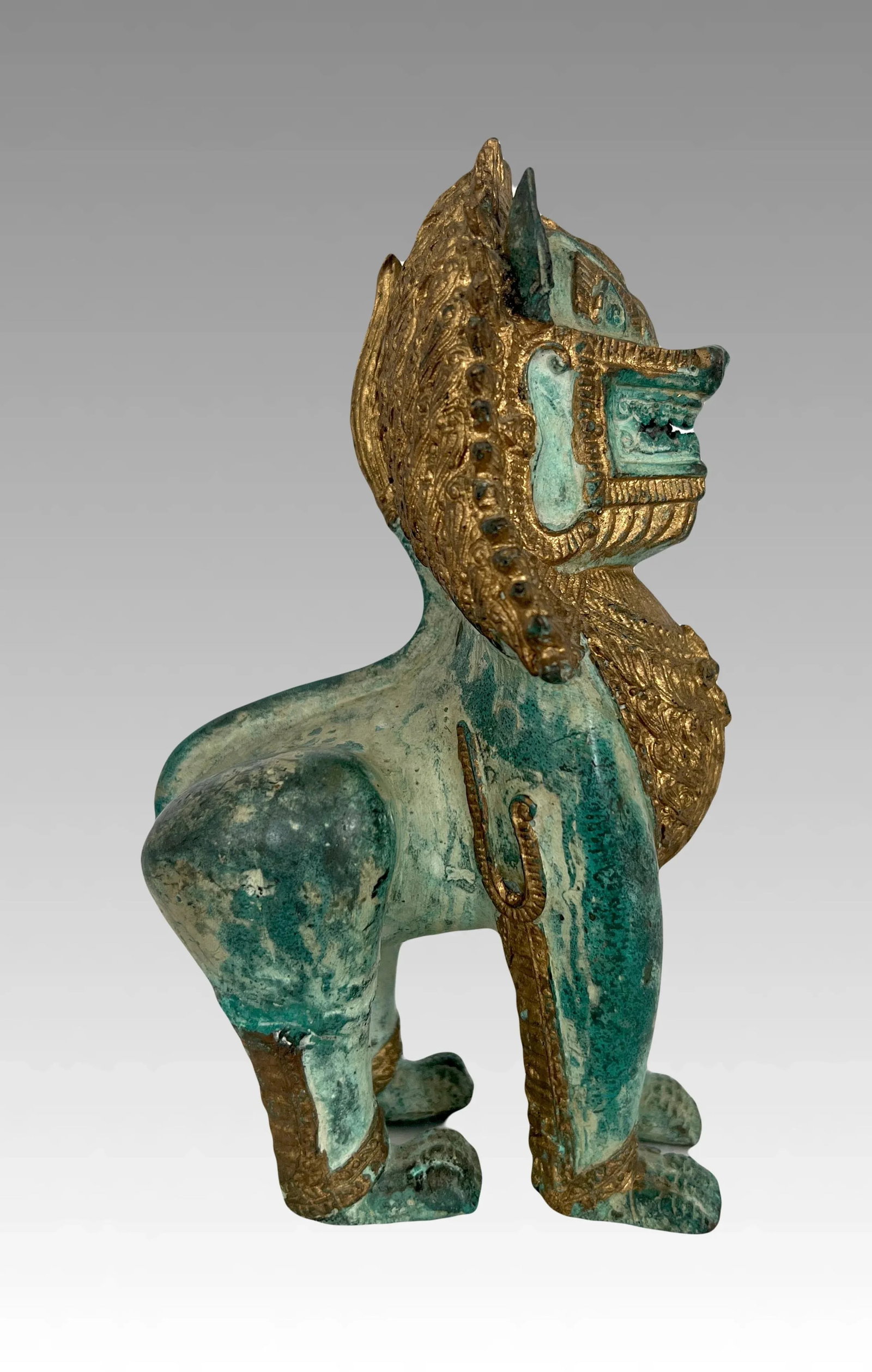 Khymer Singha Gilt Temple Guardian Lion Statue (Thai) - 4