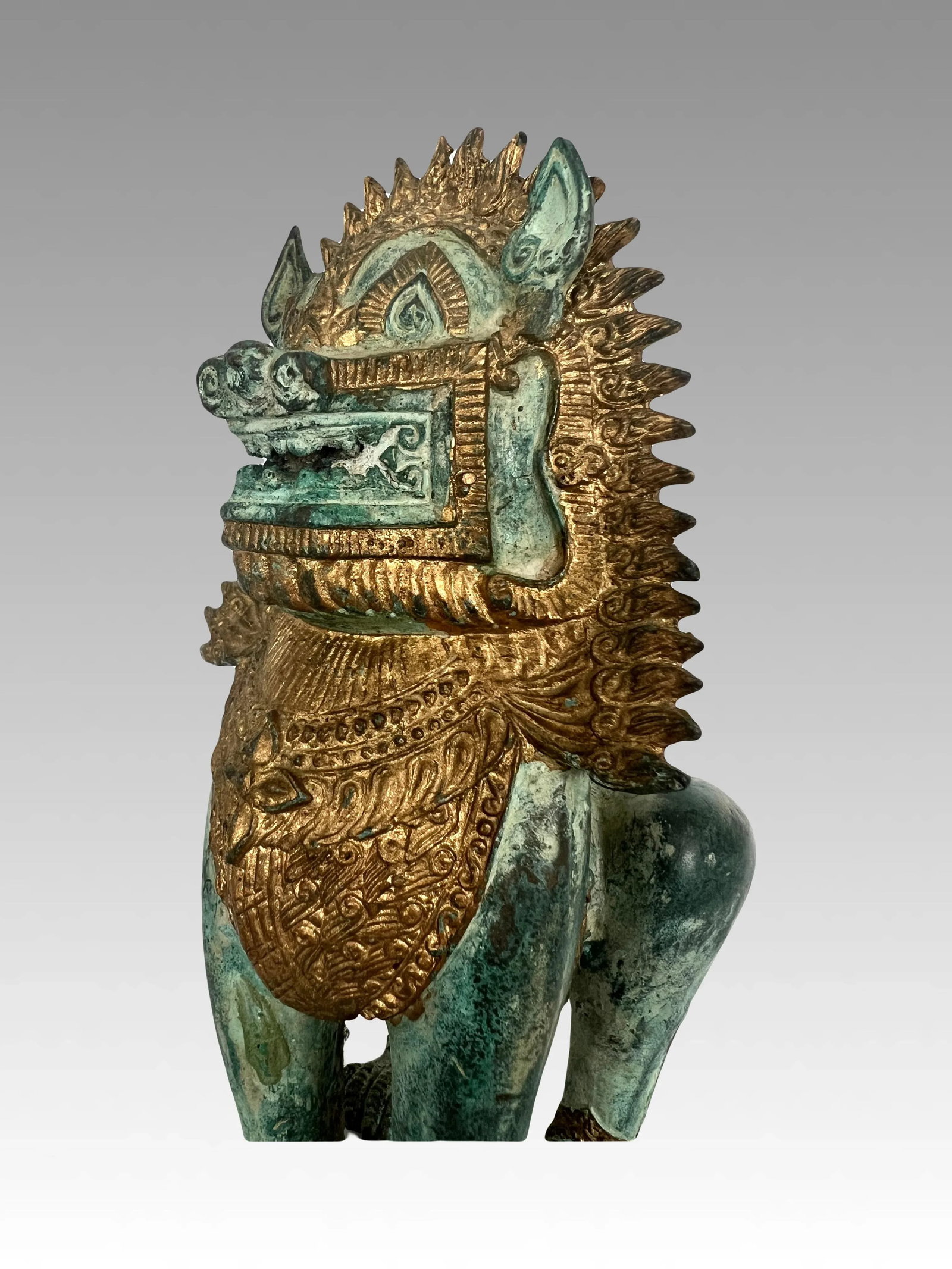 Khymer Singha Gilt Temple Guardian Lion Statue (Thai) - 7