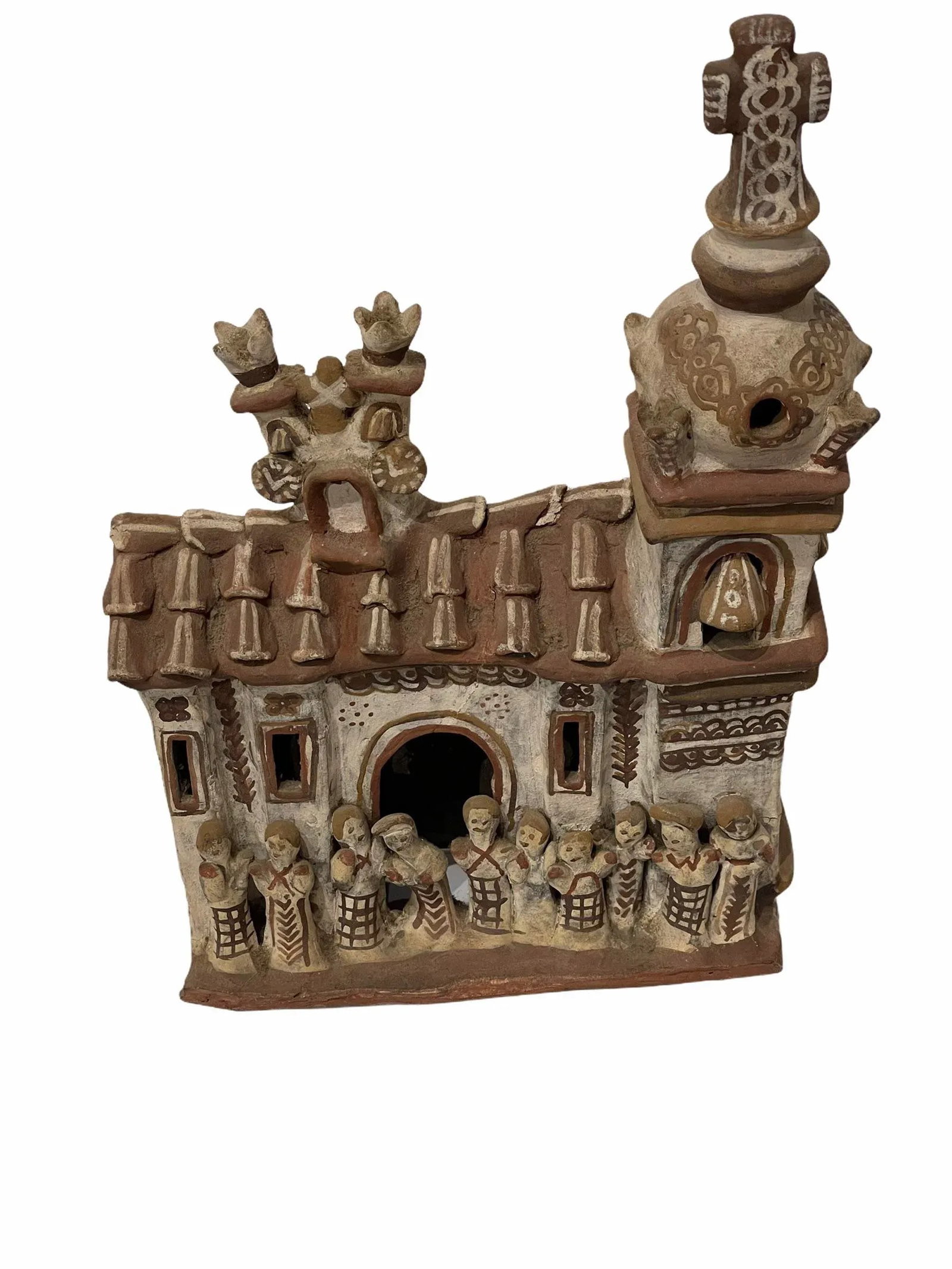 Vintage 1940s Mexican Clay Church Steeple Village With People Sculpture - 10