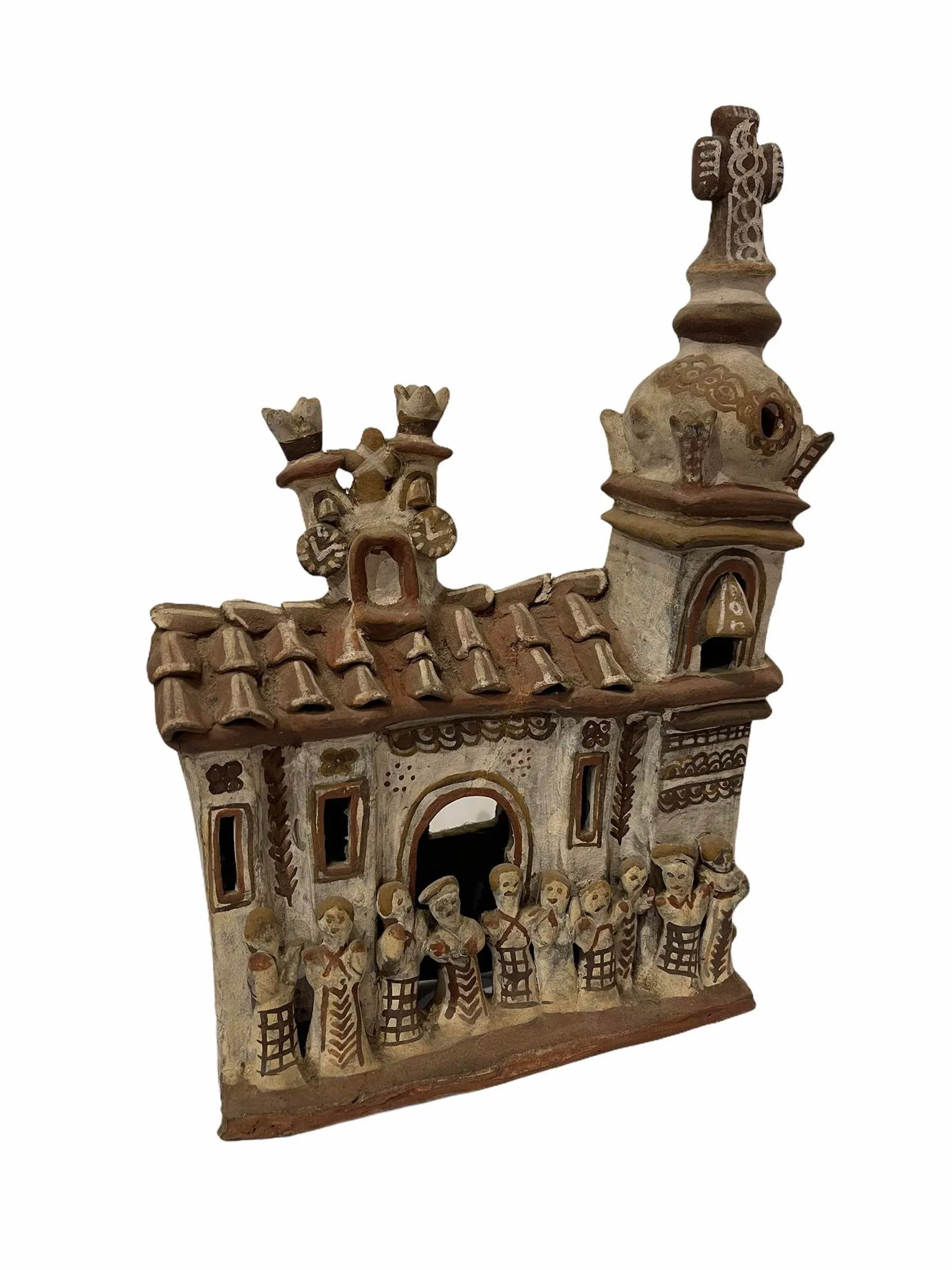 Vintage 1940s Mexican Clay Church Steeple Village With People Sculpture - 2