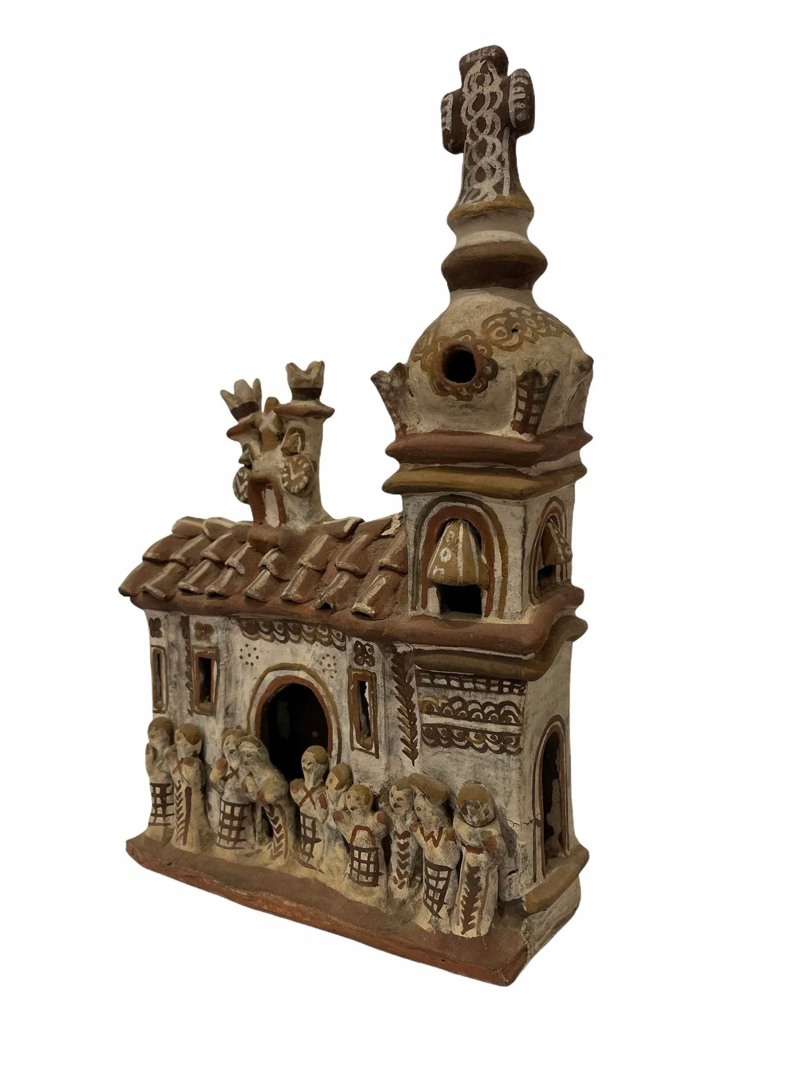 Vintage 1940s Mexican Clay Church Steeple Village With People Sculpture - 3