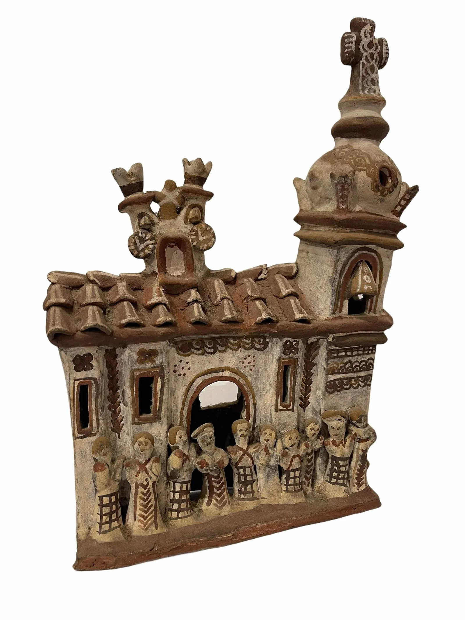 Vintage 1940s Mexican Clay Church Steeple Village With People Sculpture - 4