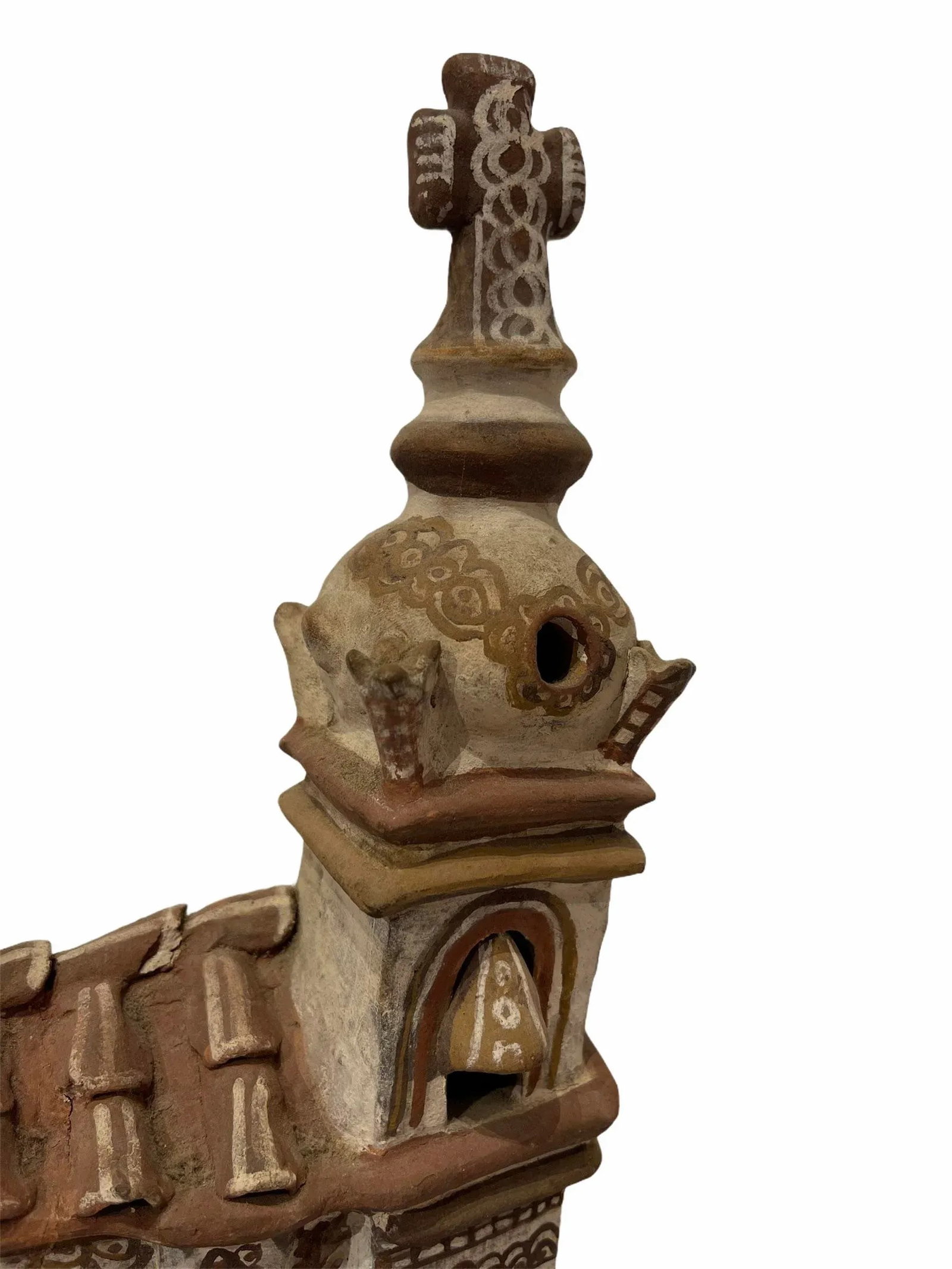 Vintage 1940s Mexican Clay Church Steeple Village With People Sculpture - 5