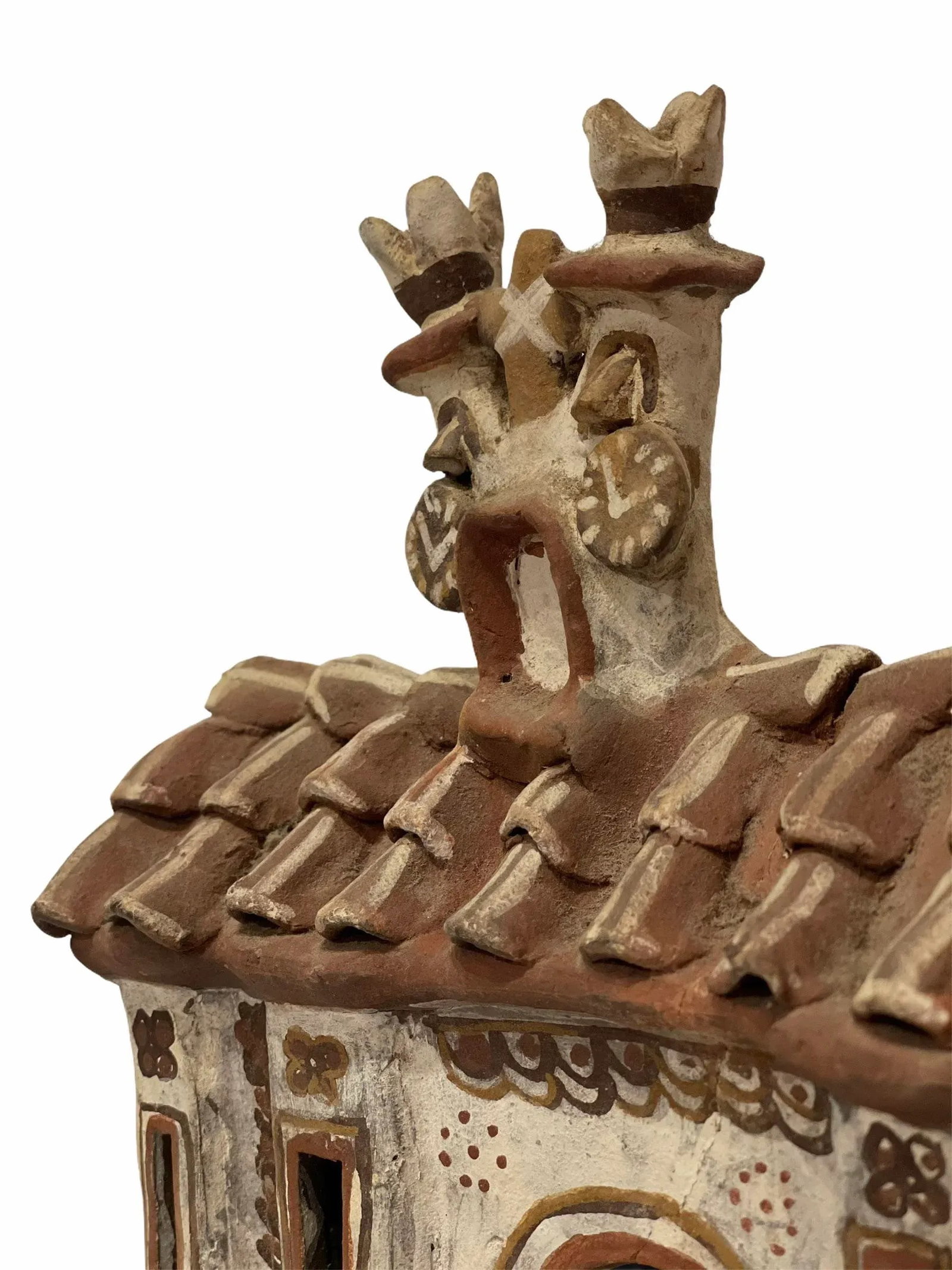Vintage 1940s Mexican Clay Church Steeple Village With People Sculpture - 6