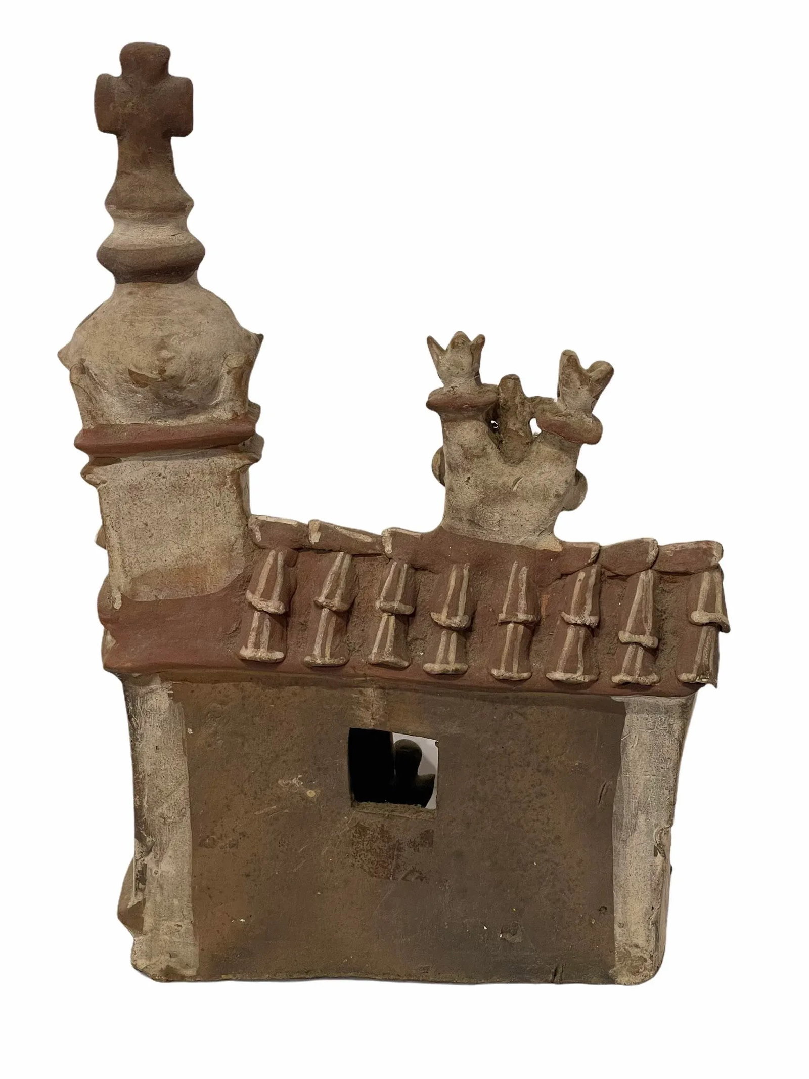 Vintage 1940s Mexican Clay Church Steeple Village With People Sculpture - 8
