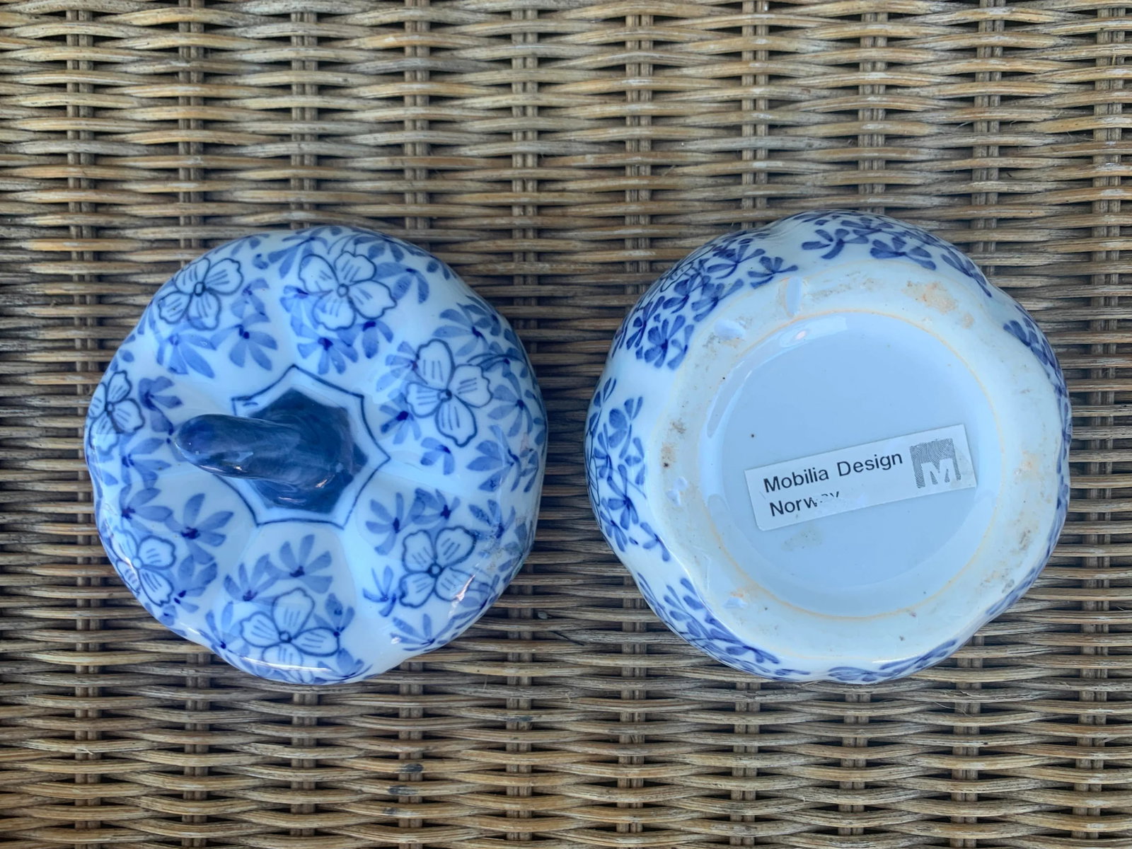 Vintage Norwegian Blue and White Floral Ceramic Pumpkin Jar - 11