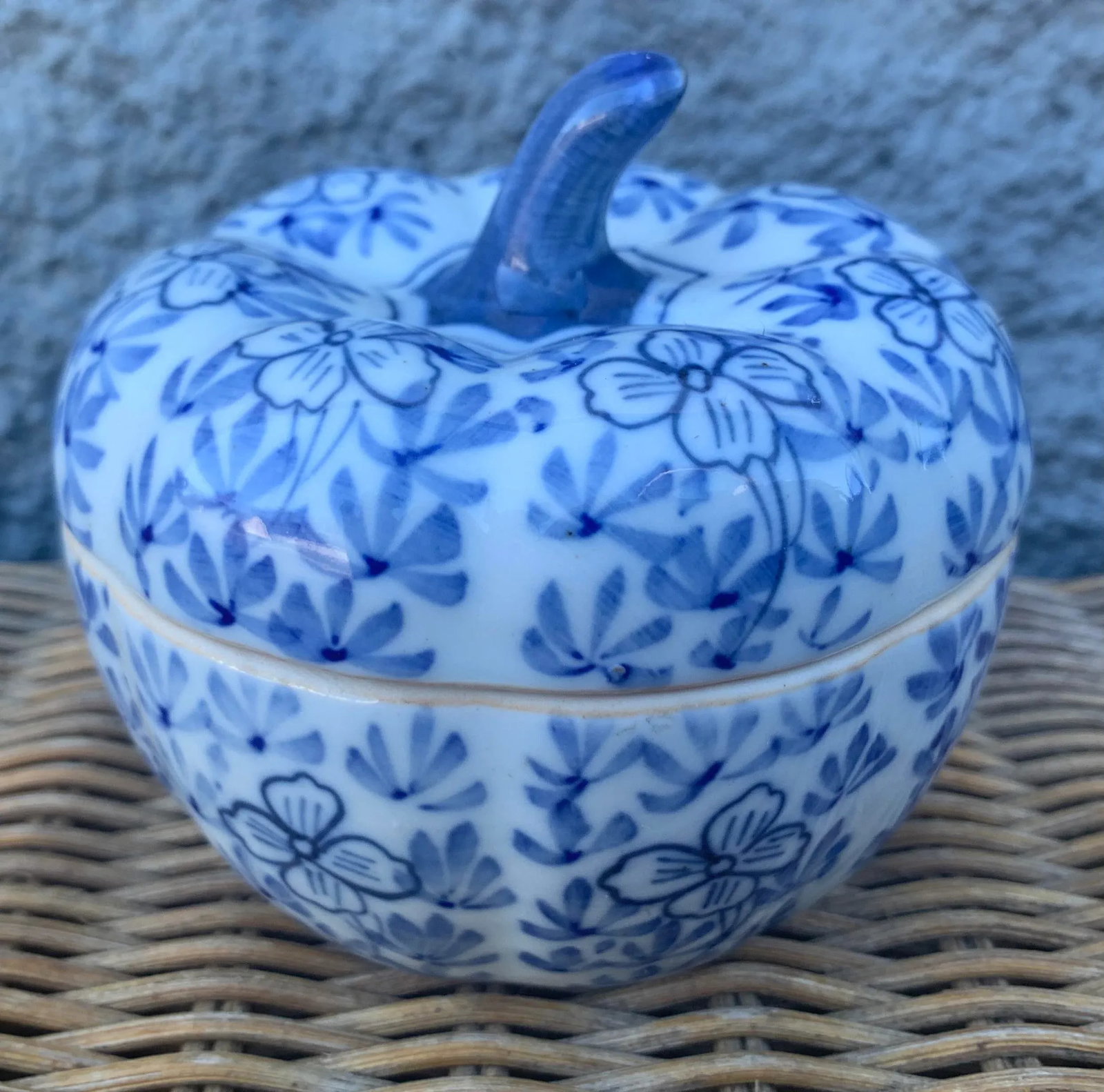 Vintage Norwegian Blue and White Floral Ceramic Pumpkin Jar - 13