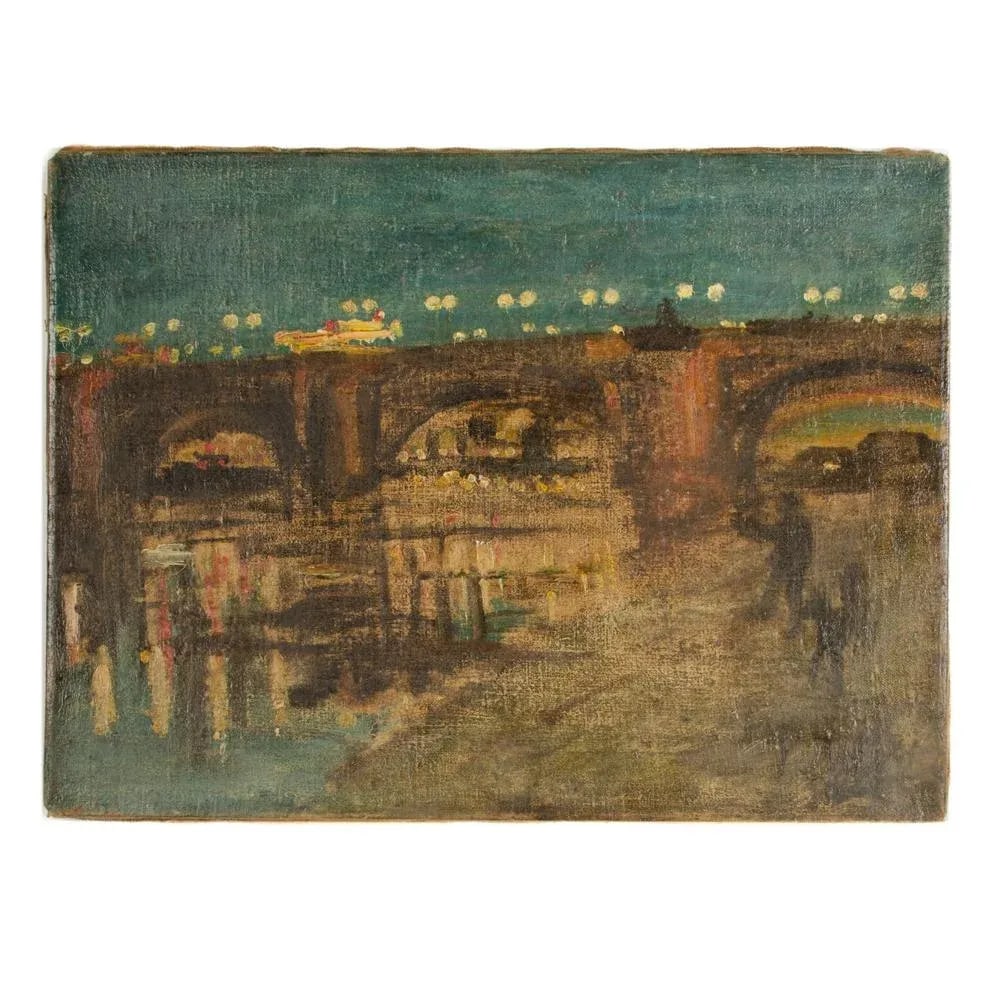 "Augustusbrucke" Oil Painting of a Bridge in Dresden at Night, Late 19th Century. - 12