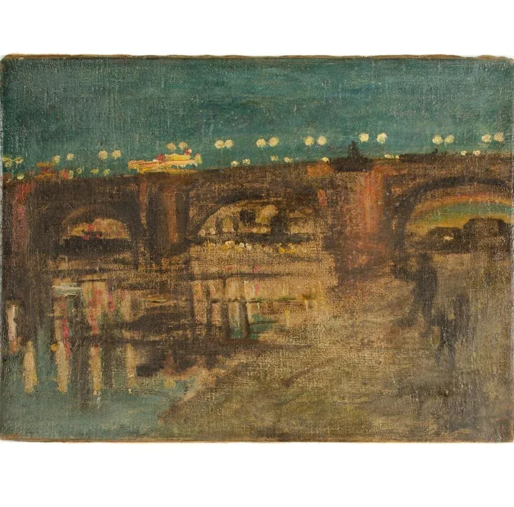 "Augustusbrucke" Oil Painting of a Bridge in Dresden at Night, Late 19th Century. - 4