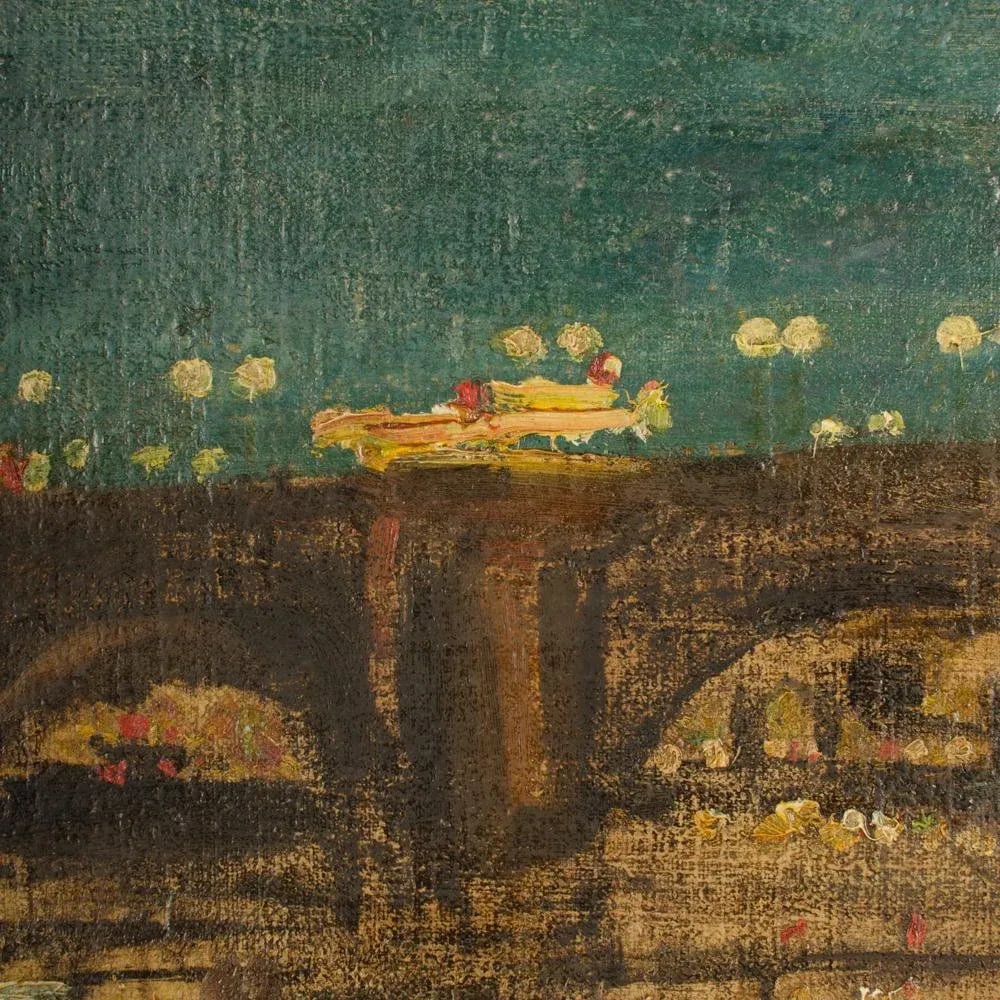 "Augustusbrucke" Oil Painting of a Bridge in Dresden at Night, Late 19th Century. - 6