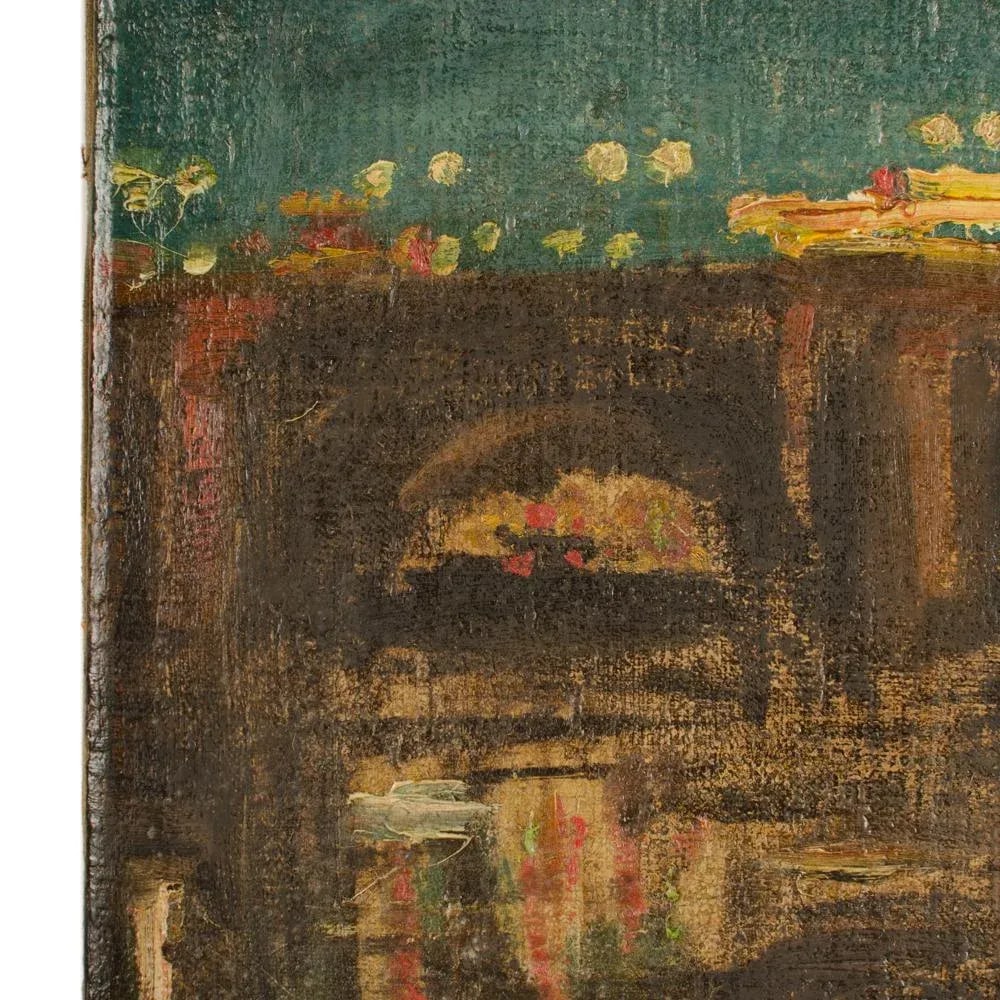 "Augustusbrucke" Oil Painting of a Bridge in Dresden at Night, Late 19th Century. - 7