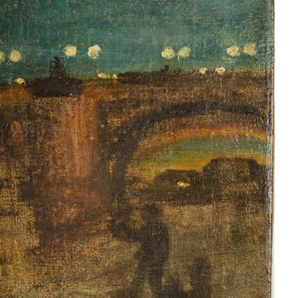 "Augustusbrucke" Oil Painting of a Bridge in Dresden at Night, Late 19th Century. - 9