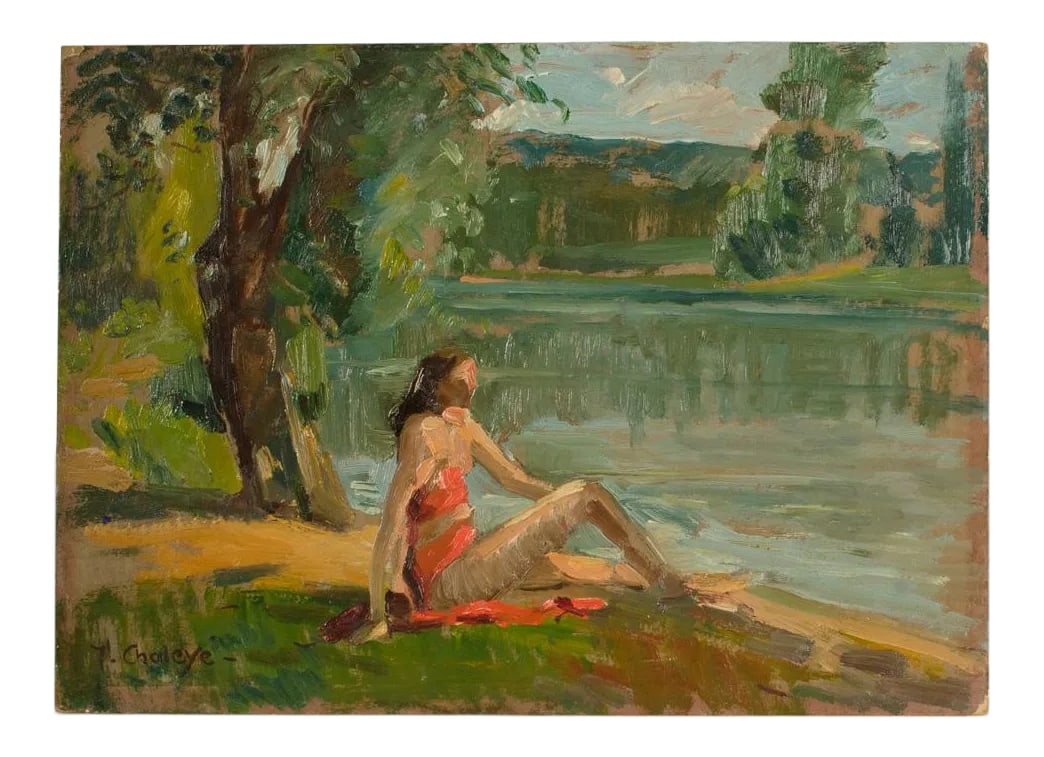 Early 20th Century "Red Bikini" Figurative Oil Painting by Jean Chaleye: Jean Chaleye (FRENCH , 1878-1960) Red Bikini - Oil on Board , signed lower left - Lady in red bikini sitting by the lakeside looking out towards water Condition: Alterations: Original Condition