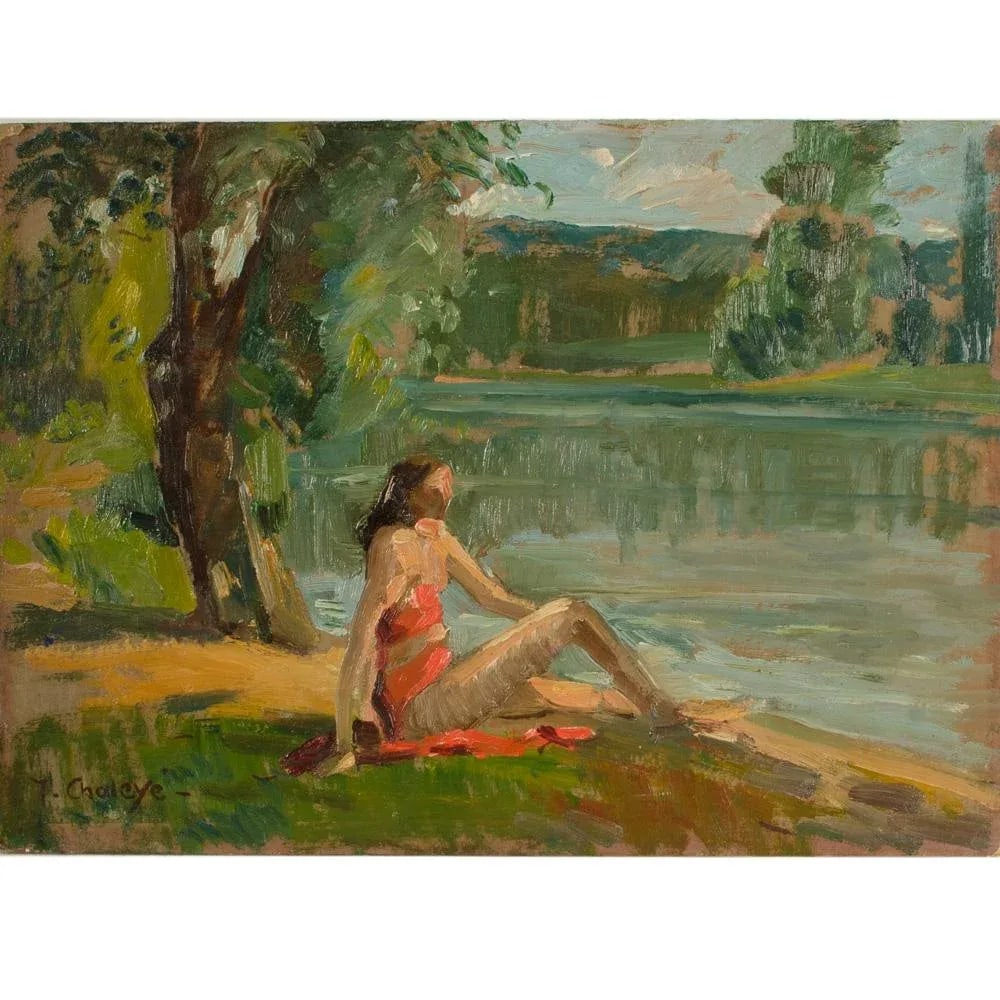 Early 20th Century "Red Bikini" Figurative Oil Painting by Jean Chaleye - 3