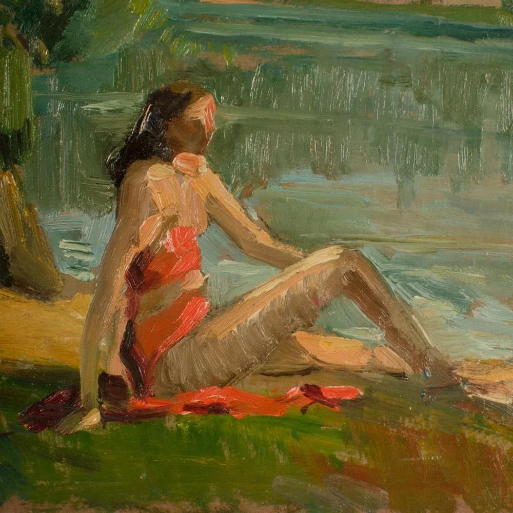 Early 20th Century "Red Bikini" Figurative Oil Painting by Jean Chaleye - 5
