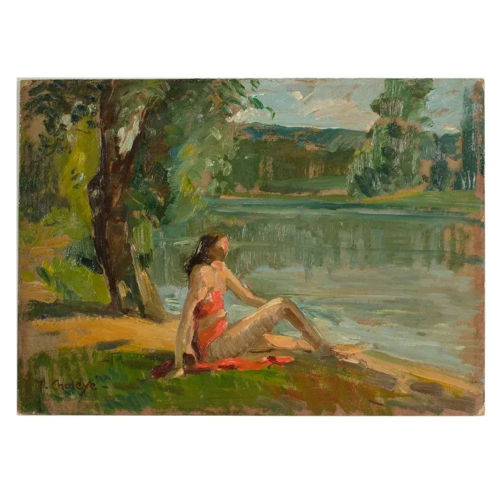 Early 20th Century "Red Bikini" Figurative Oil Painting by Jean Chaleye - 7