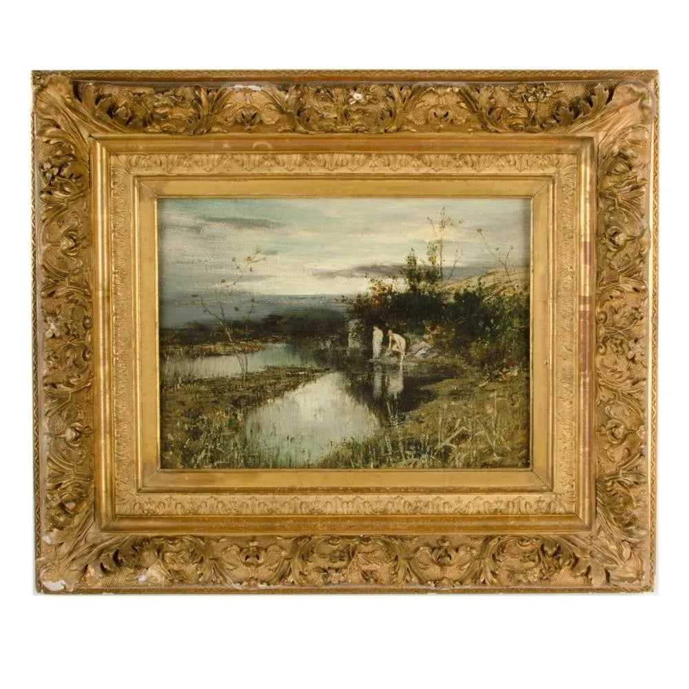 Continental Landscape Painting With Nude Women Swimming, 19th C. - 13