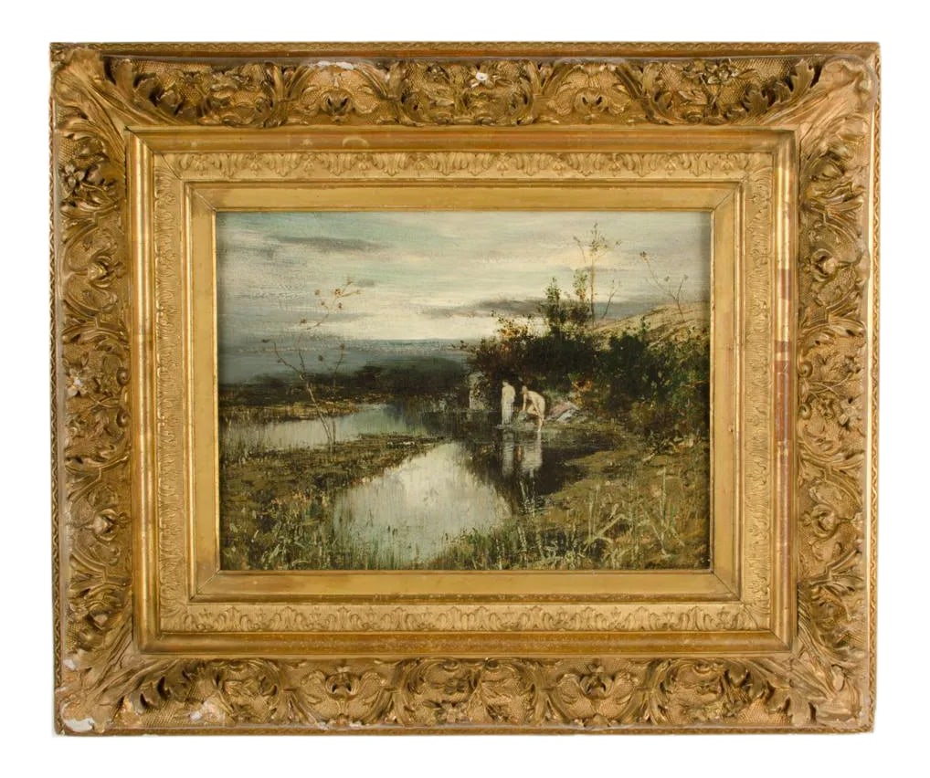 Continental Landscape Painting With Nude Women Swimming, 19th C.: An unnamed landscape painting featuring two women swimming by a pond. - Oil on Wood , signed lower right - Framed dimensions: 25.75 in x 21.75 in Condition: Alterations: Unknown Imperfections: Some