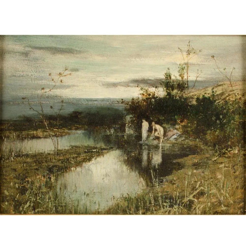 Continental Landscape Painting With Nude Women Swimming, 19th C. - 5