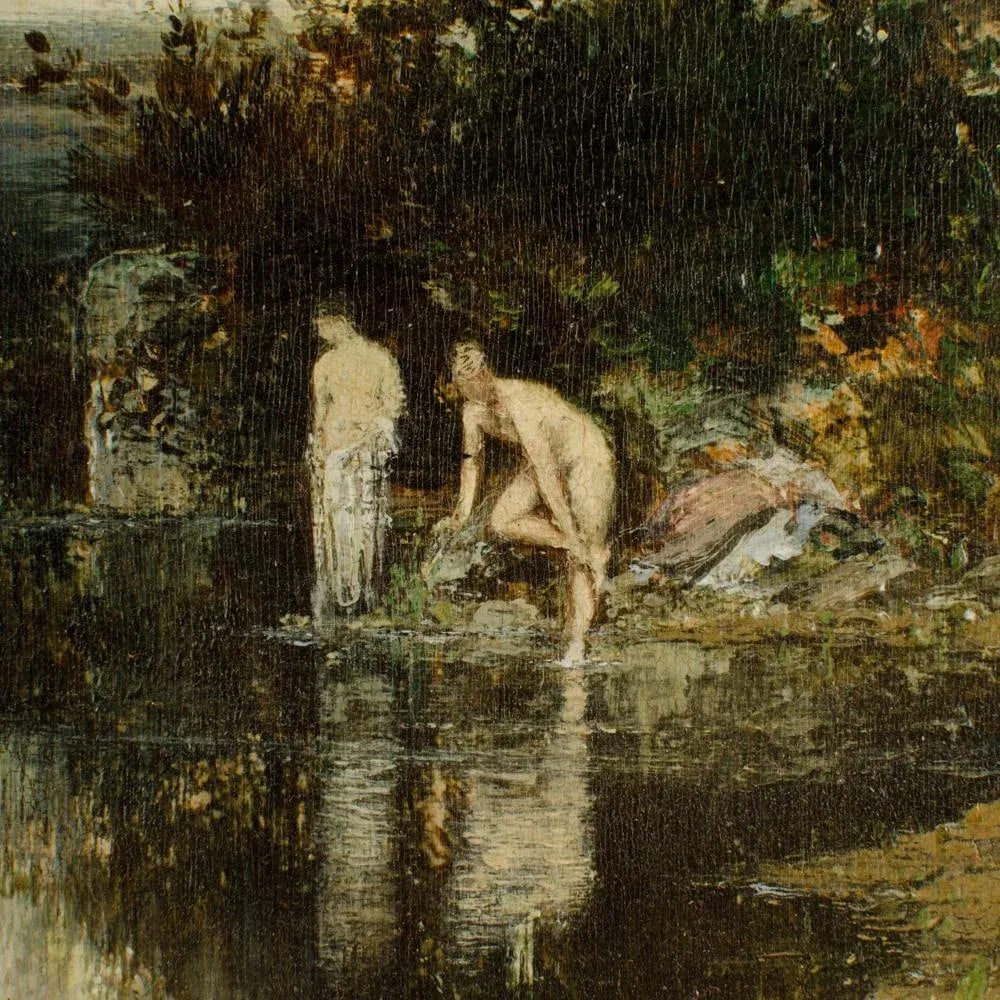 Continental Landscape Painting With Nude Women Swimming, 19th C. - 8