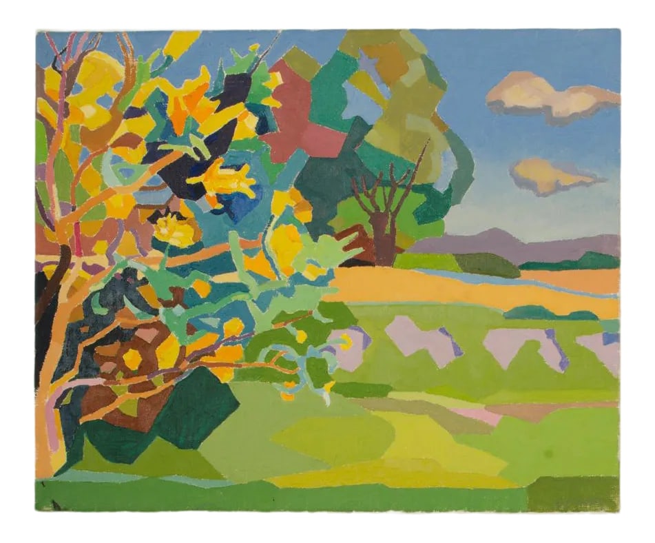 Mid 20th Century "Reaching Branches" Fauvist Landscape Oil Painting by Ernest Yarrow-Jones: Ernest Yarrow-Jones (BRITISH , 1872-1951) Reaching Branches - Oil on Canvas , signed lower right - Abstract trees reaching out over a field Condition: Alterations: Original Condition Unaltered Imperfe