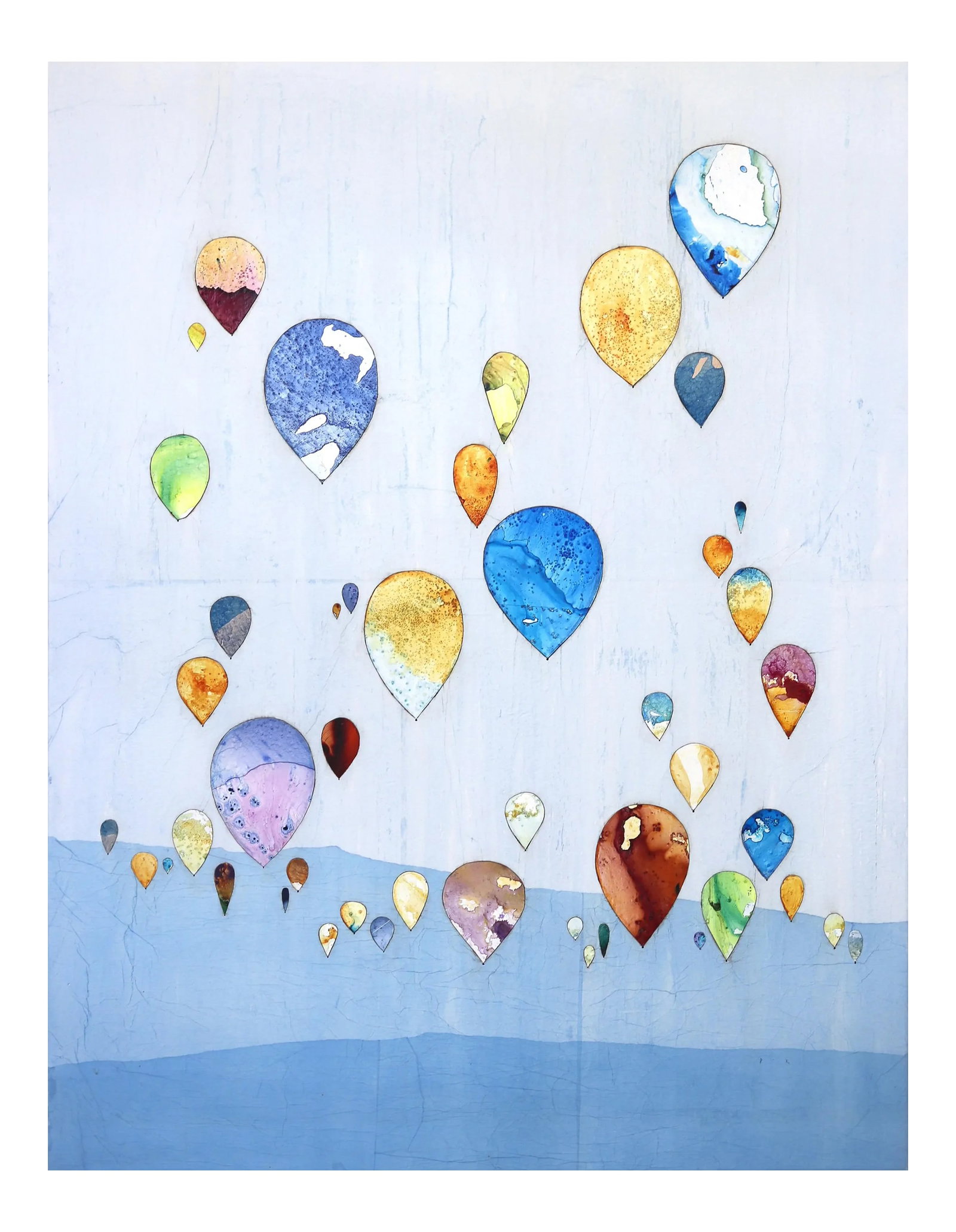 Large Contemporary Original Minimalist Skyscape Air Balloons Painting "With Flying Colors" Original: The organic aesthetic and textures of Peter Kuttner's original boho minimalist artworks are the result of patient layering and unique uses of media. Through a combination of collage and paint,