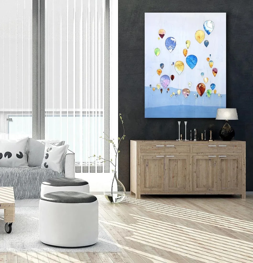 Large Contemporary Original Minimalist Skyscape Air Balloons Painting "With Flying Colors" Original - 8
