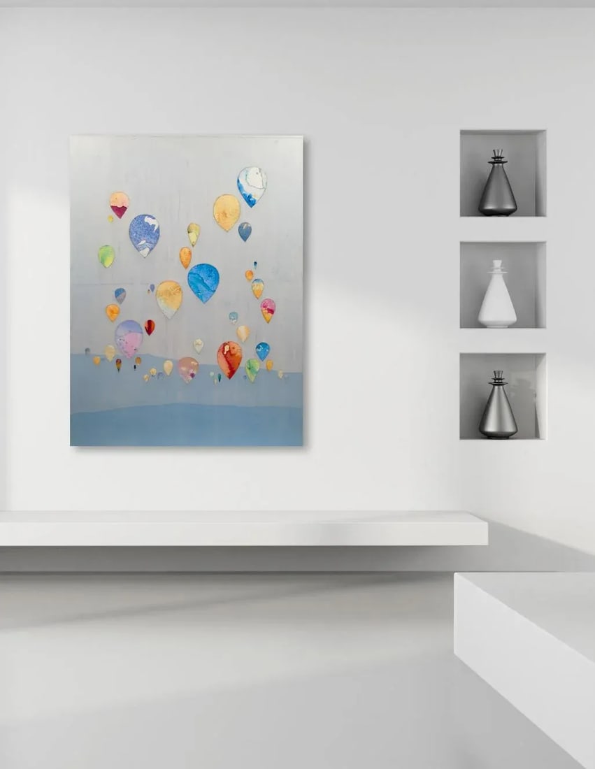Large Contemporary Original Minimalist Skyscape Air Balloons Painting "With Flying Colors" Original - 9