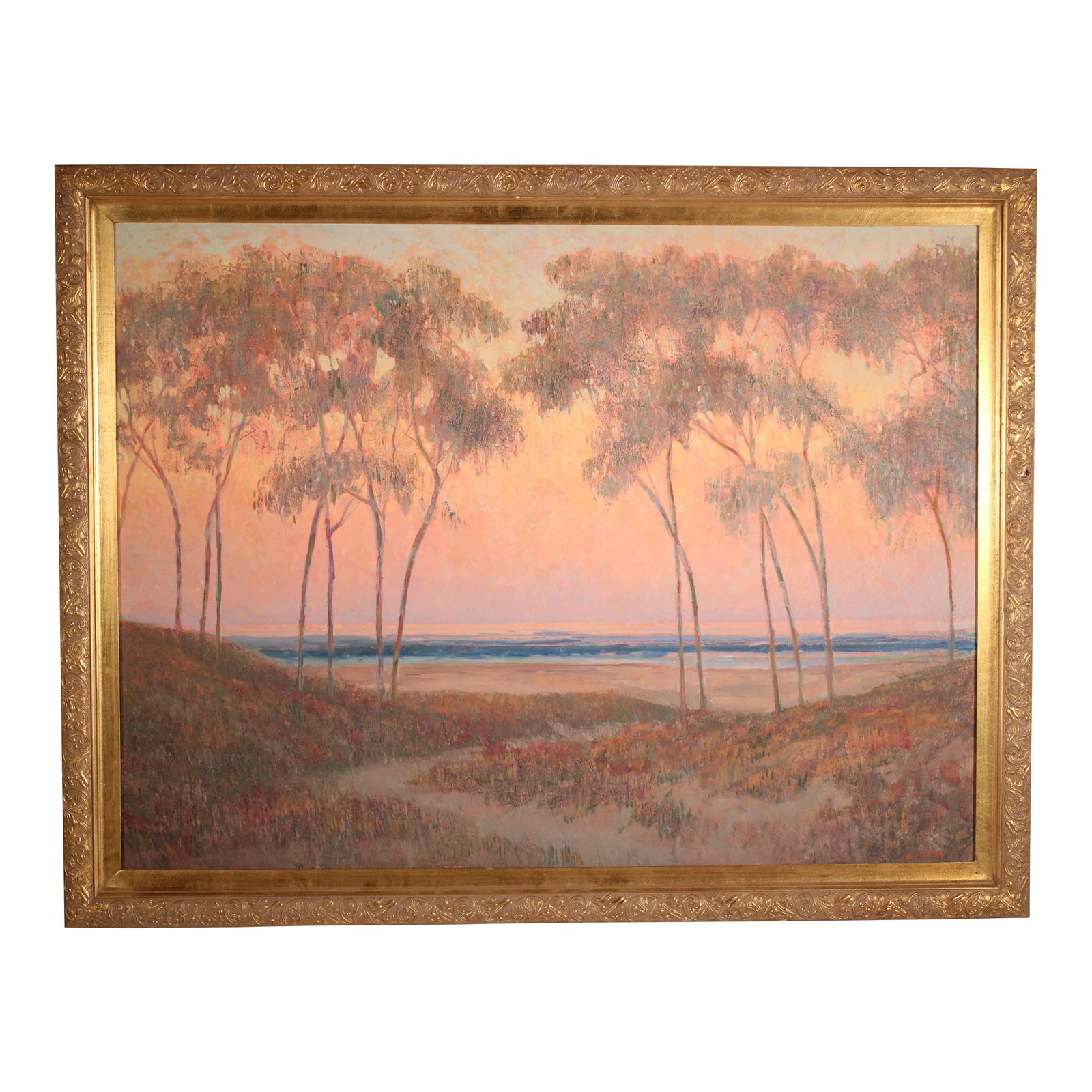Impressionist Coastal Sunset Painting by William Dorsey (1942-2019): Impressionist coastal sunset painting by William Dorsey (1942-2019). Oil on canvas. Frame dimensions, height 42" width 53.5". Painting dimensions, height 35.5" width 47.5". Condition: Alterations: