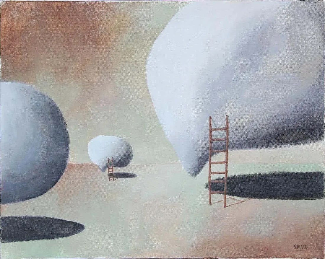 2019 "Here Come the Warm Jets" Contemporary Pastel Surrealist Landscape With Ladders by Scott Woodar: Pastel toned surrealist landscape by contemporary Houston artist Scott Woodard. The work features white, amorphous forms with ladders leaned against them floating against a pastel green and brown