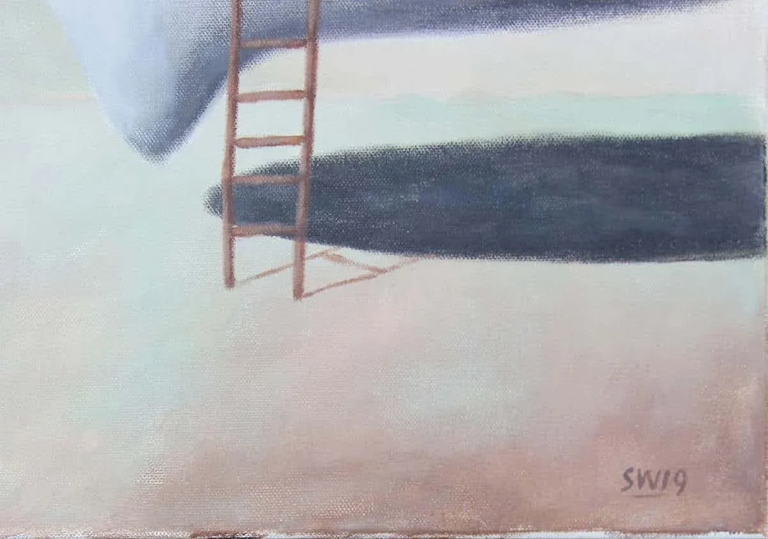 2019 "Here Come the Warm Jets" Contemporary Pastel Surrealist Landscape With Ladders by Scott Woodar - 4