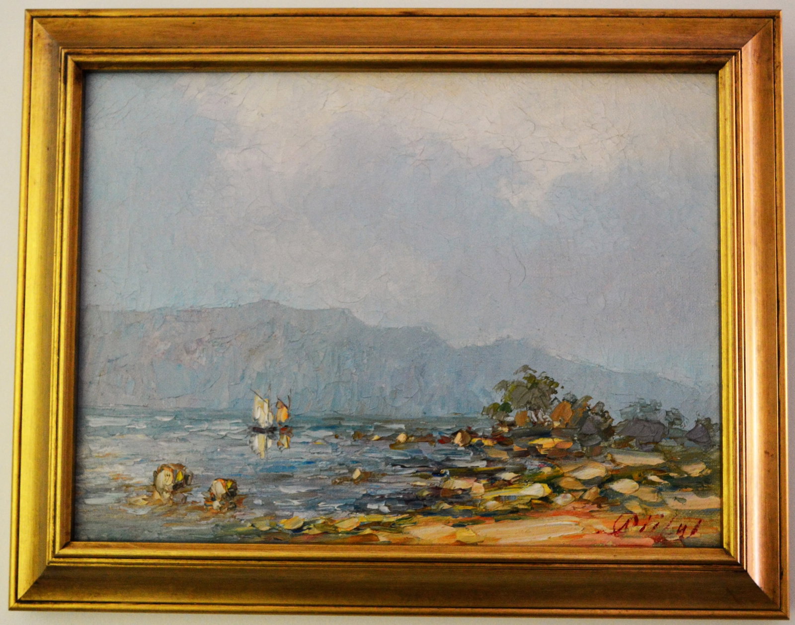 Early 20th Century Blue Water Landscape Oil on Canvas Painting Plein Air Gold Frame - 6