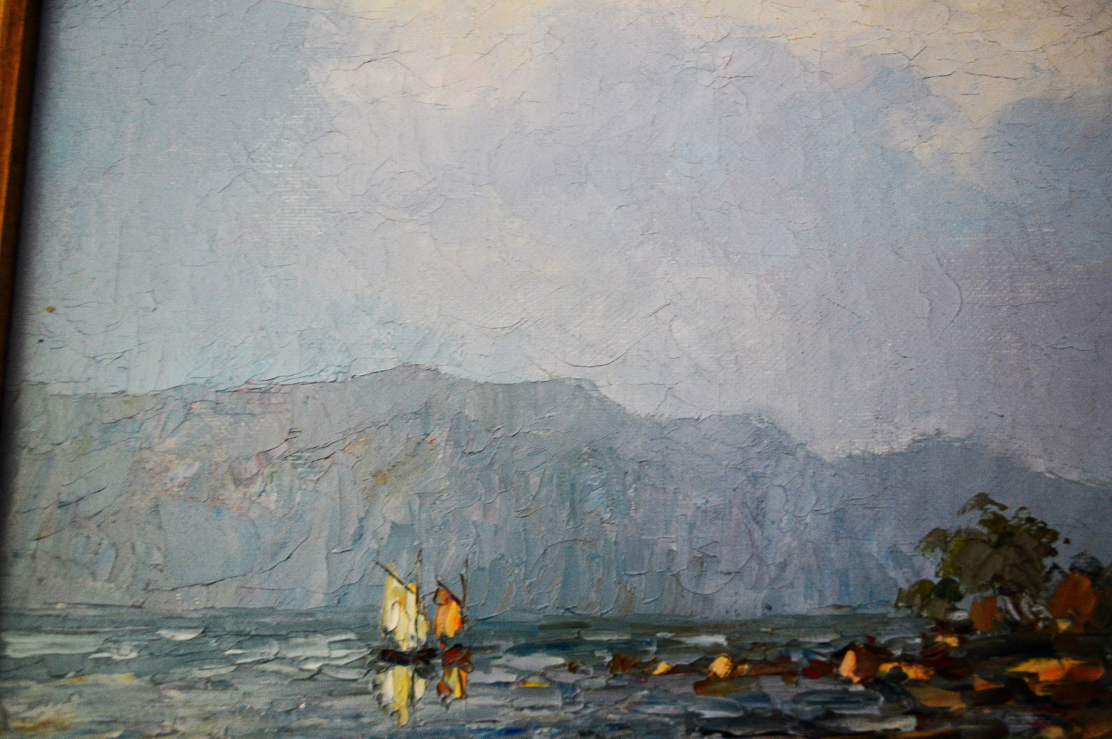 Early 20th Century Blue Water Landscape Oil on Canvas Painting Plein Air Gold Frame - 9